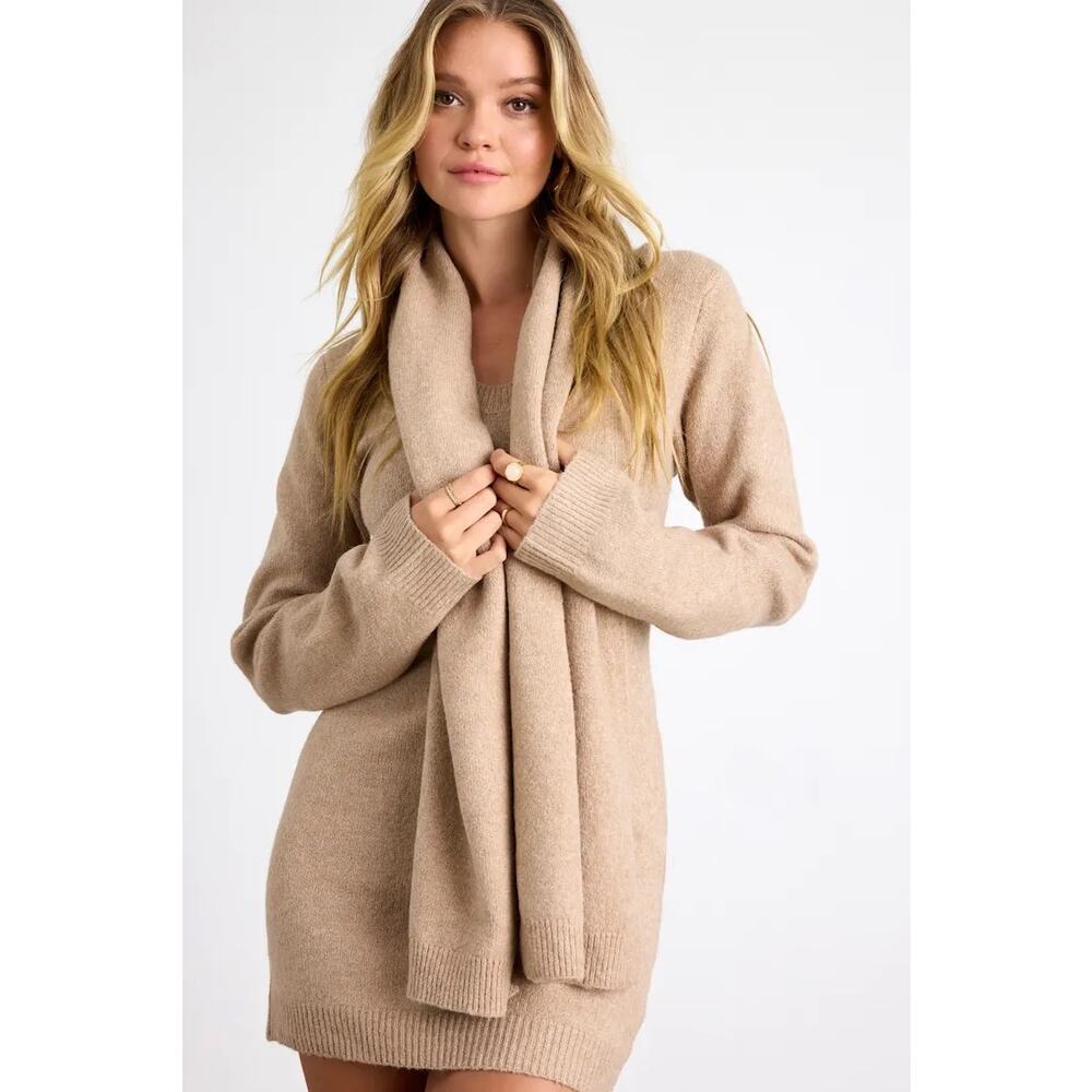 NWT Lulus | Essential Coziness Beige Sweater Dress and Scarf Set | Medium